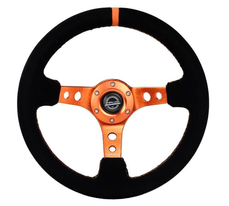 NRG — NRG Reinforced Steering Wheel (350mm/ 3in. Deep) Black Suede/ Orange Center Mark/ Orange Stitching