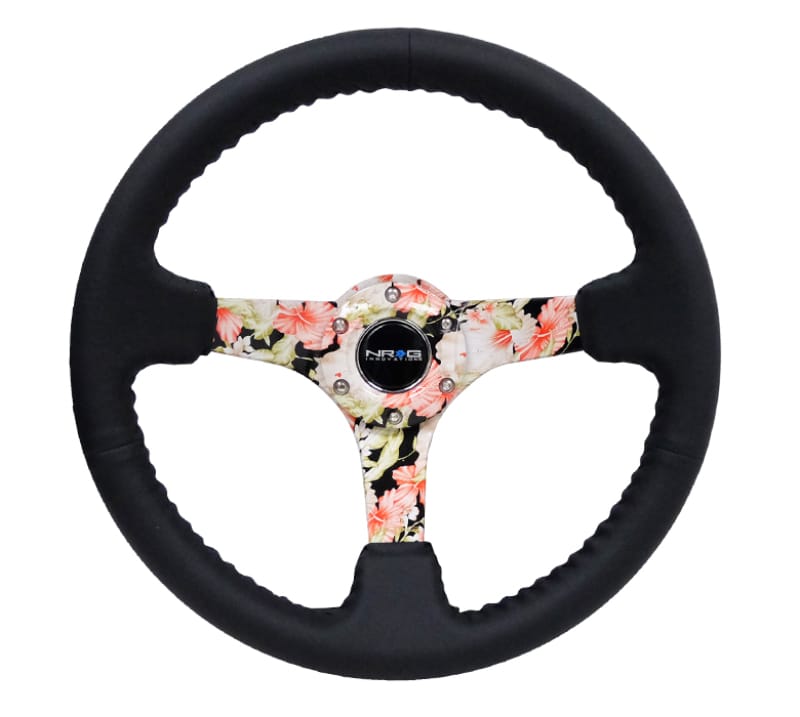 NRG — NRG Reinforced Steering Wheel (350mm / 3in. Deep) Blk Leather Floral Dipped w/ Blk Baseball Stitch