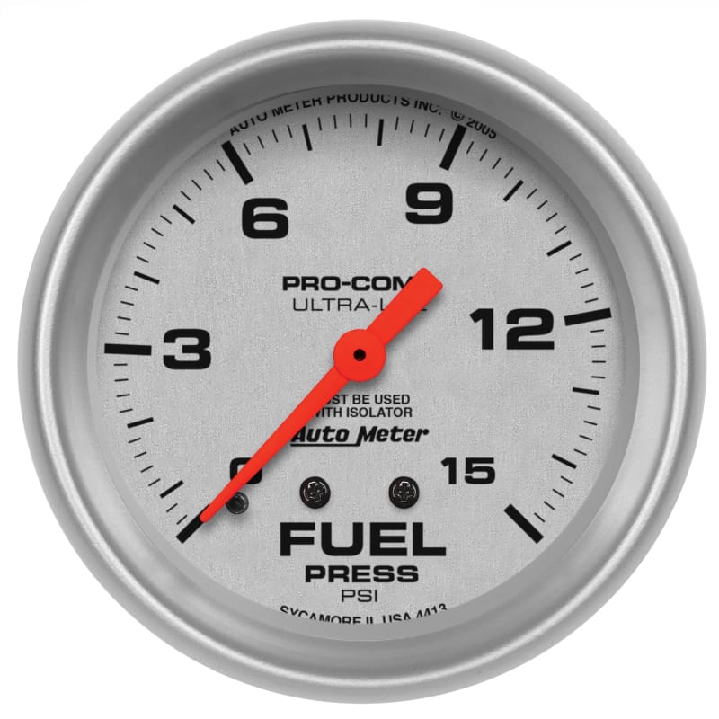 AutoMeter — AutoMeter Gauge Fuel Pressure 2-5/8in. 15PSI Mechanical W/Isolator Ultra-Lite
2-5/8" FUEL PRESS, 0