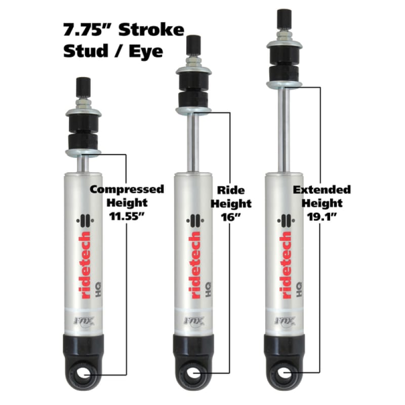 Ridetech — Ridetech HQ Series Shock Absorber Single Adjustable 7.55in Stroke Eye/Stud Mounting 11.55in x 19.1in
HQ Shock 7.55" Eye/S