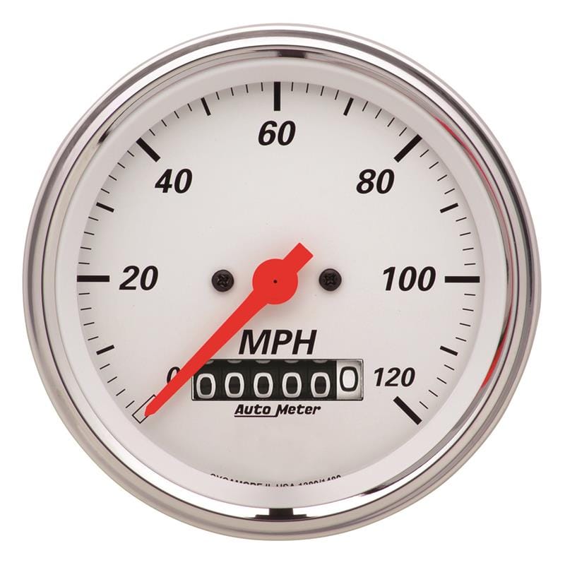 AutoMeter — AutoMeter Gauge Speedometer 3-3/8in. 120MPH Elec. Prog. W/ Wheel Odo Arctic White
3.4" SPD ELE WHL AW