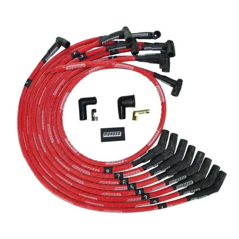 Moroso — Moroso BBC Over Valve Cover 135 Deg Plug Boot HEI Sleeved Ultra Spark Plug Wire Set - Red
