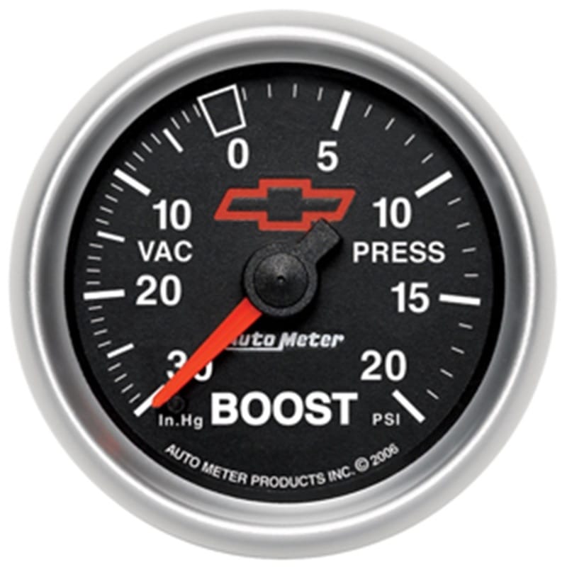 AutoMeter — Autometer GM Bowtie Black 2-1/16in Boost/Vacuum 30in HG - 20 PSI Mechanical
2-1/16" BOOST-VAC, 3