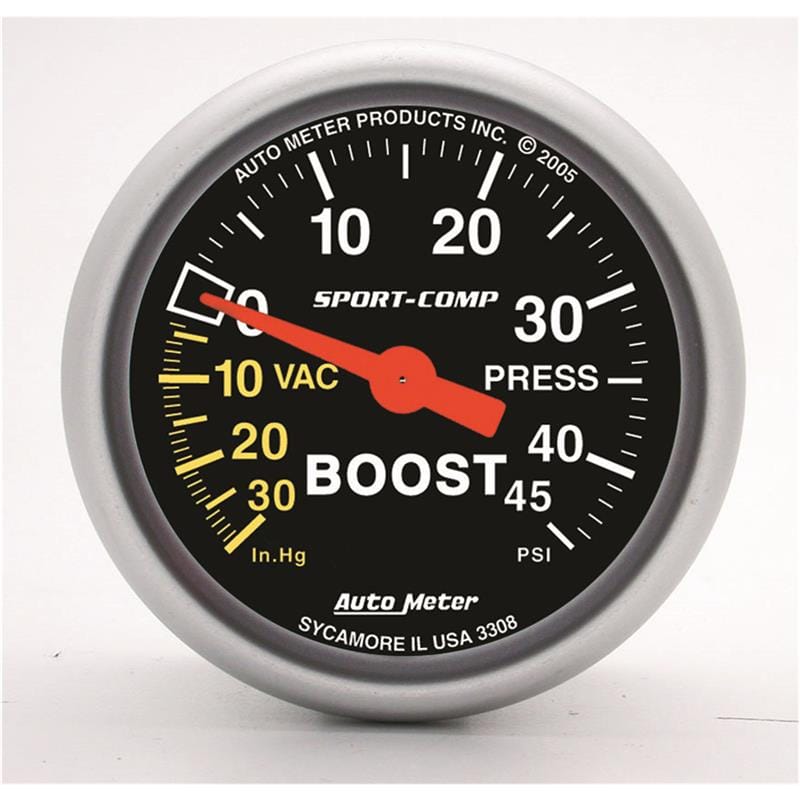 AutoMeter — Autometer Sport-Comp 52mm 45 PSI Mechanical Boost Gauge
2-1/16" BOOST-VAC, 3