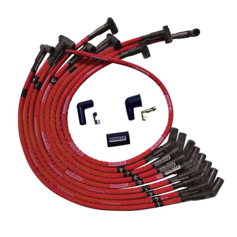 Moroso — Moroso SB Ford 260/289/302 135 Deg Plug Boots HEI Sleeved Ultra Spark Plug Wire Set - Red
