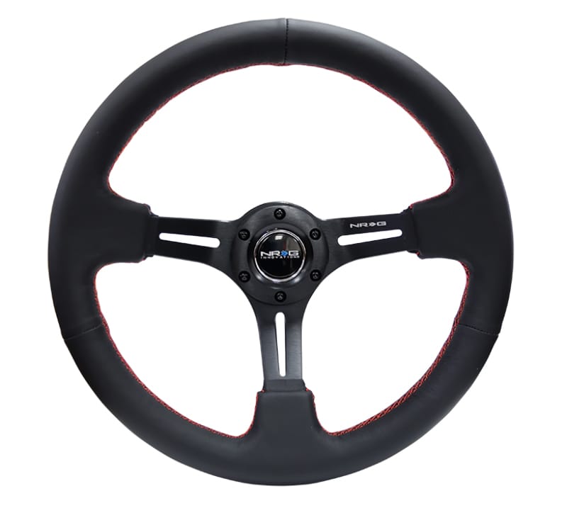 NRG — NRG Reinforced Steering Wheel (350mm / 3in. Deep) Black Leather/Red Stitch & Blk 3-Spoke w/Slits