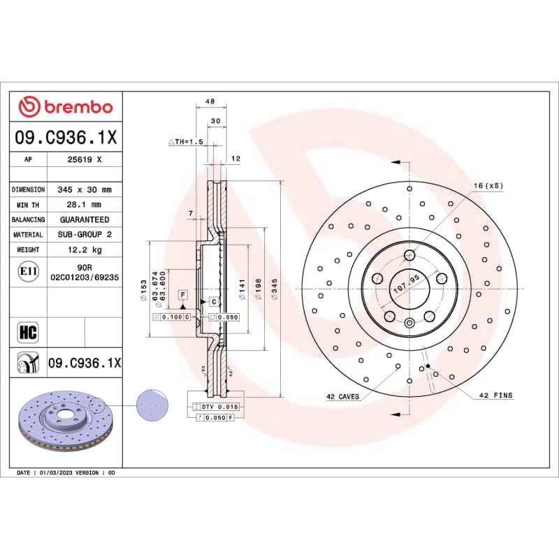 Brembo OE — Brembo 16-24 Volvo XC90 / 18-24 XC60 Front Premium Xtra Cross Drilled UV Coated Rotor
