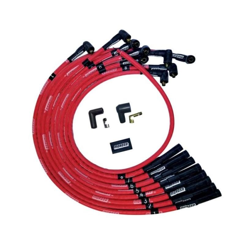 Moroso — Moroso BBC Over Valve Cover Str Plug Boots Non-HEI Sleeved Ultra Spark Plug Wire Set - Red