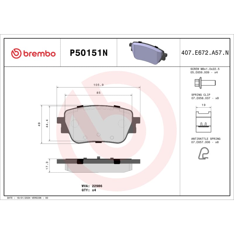 Brembo OE — Brembo 20-22 Mercedes-Benz GLB250/A220/GLA250/CLA250 Rear NAO Brake Pad