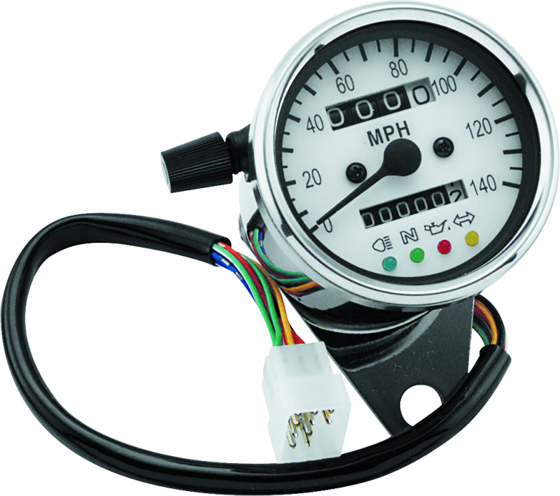 Bikers Choice — Bikers Choice 2.5 Inch Chrome 2:1 Universal Mini Speedo w LED Indicators White Face 140 Mph