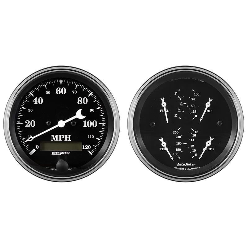 AutoMeter — Auto Meter Gauge Kit 2 pc. Quad & Speedometer 3 3/8in Old Tyme Black
3-3/8" QUAD GAUGE &