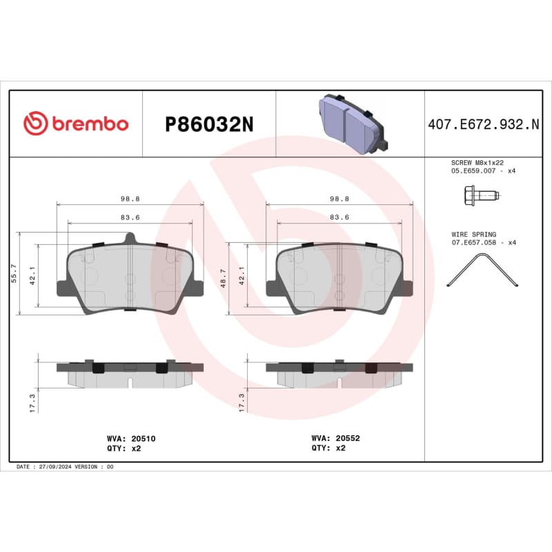 Brembo OE — Brembo OE 19-24 Volvo XC40 PRIME Ceramic Brake Pad - Rear