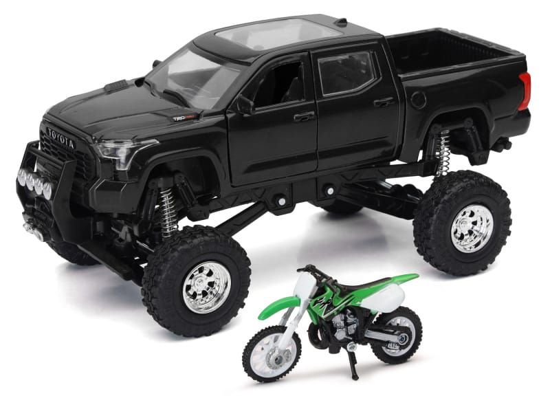New Ray Toys — New Ray Toys Toyota Tundra Pro Lifted Truck Black with Kawasaki Dirt Bike 1:32 Scale