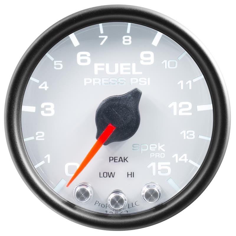 AutoMeter — GAUGE, FUEL PRESS, 2 1/16", 15PSI, STEPPER MOTOR W/PEAK & WARN, WHT/BLK, SPEK