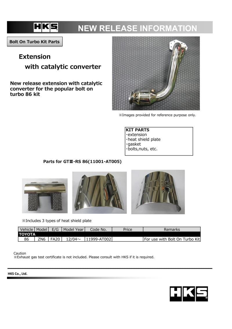 HKS — HKS 12-19 Subaru BRZ/Scion FR-S/Toyota 86 Extension Kit w/ Catalytic Converter