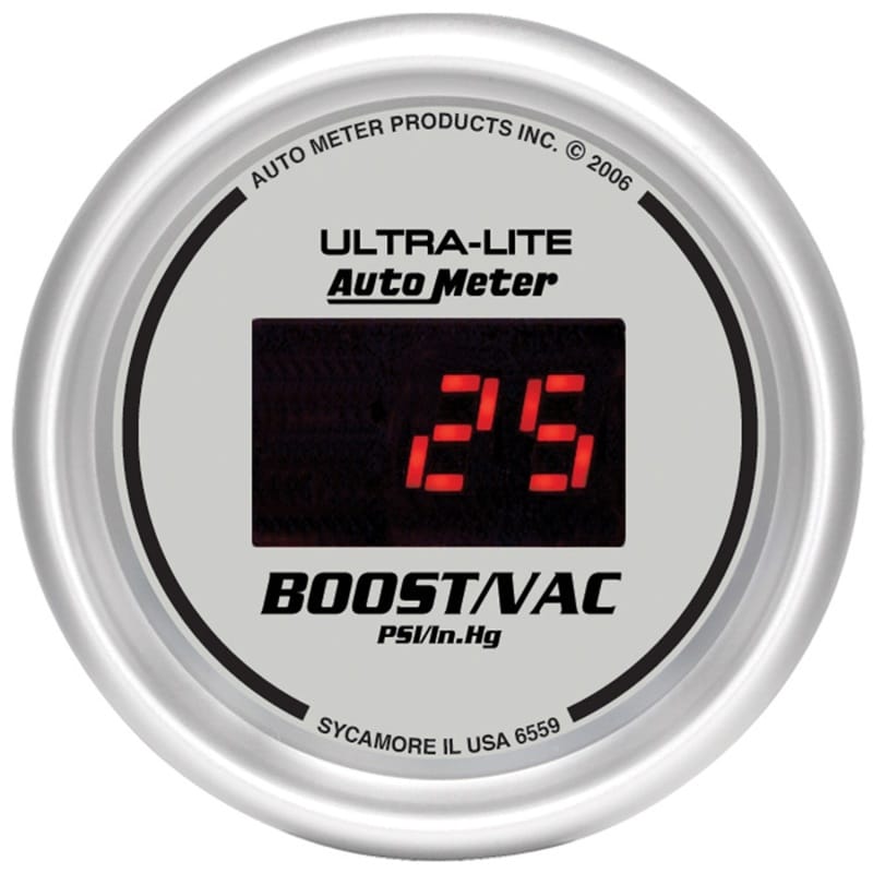 AutoMeter — Autometer Ultra-Lite 2-1/16in 30INHG-30PSI Digital Silver Dial Vacuum/Boost Gauge w/ Red Led
2-1/16" BOOST-VAC, 3