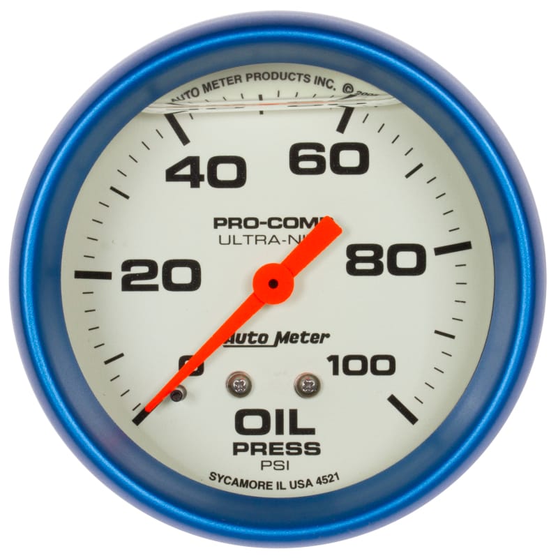 AutoMeter — Autometer Ultra-Nite 2-5/8in 0-100 PSI Liquid Filled Mechanical Glow In Dark Oil Pressure Gauge
GA 2.6" OP 100 L UN