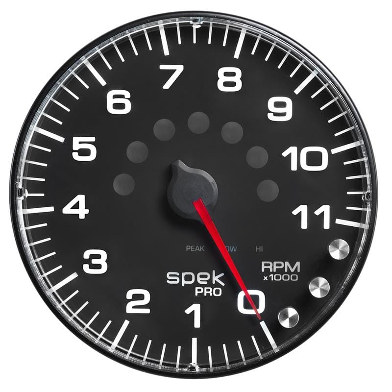 AutoMeter — GAUGE, TACHOMETER, 5", 11K RPM, W/SHIFT LIGHT & PEAK MEM, BLACK/BLACK, SPEK-PRO