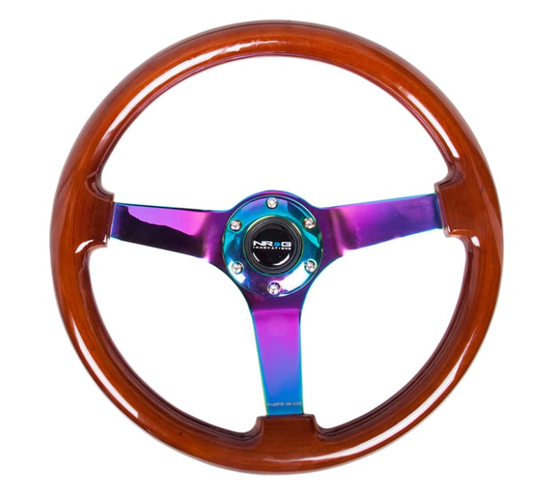 NRG — NRG Reinforced Steering Wheel (350mm / 3in. Deep) Classic Dark Wood w/4mm Neochrome Solid 3-Spoke