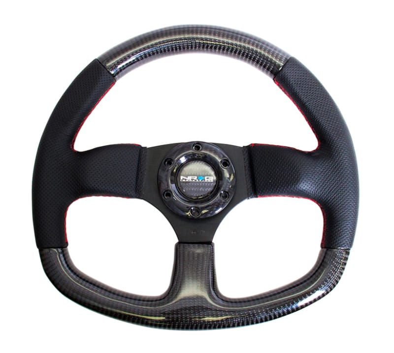 NRG — NRG Carbon Fiber Steering Wheel (320mm) Flat Bottom & Leather Trim w/Red Stitching