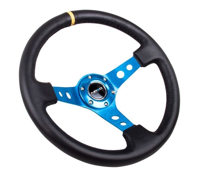 NRG — NRG Reinforced Steering Wheel (350mm / 3in. Deep) Blk Leather w/Blue Cutout Spoke & Single Yellow CM