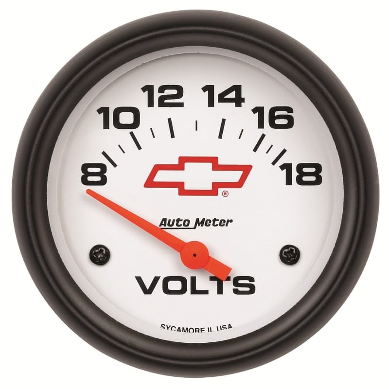 AutoMeter — AutoMeter Gauge Voltmeter 2-5/8in. 18V Electric Chevy Red Bowtie White
2-5/8" VOLTMETER, 8-