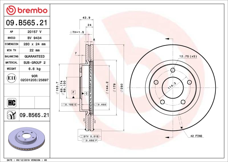 Brembo OE — Brembo OE 13-19 Nissan Sentra UV Coated Brake Disc - Front