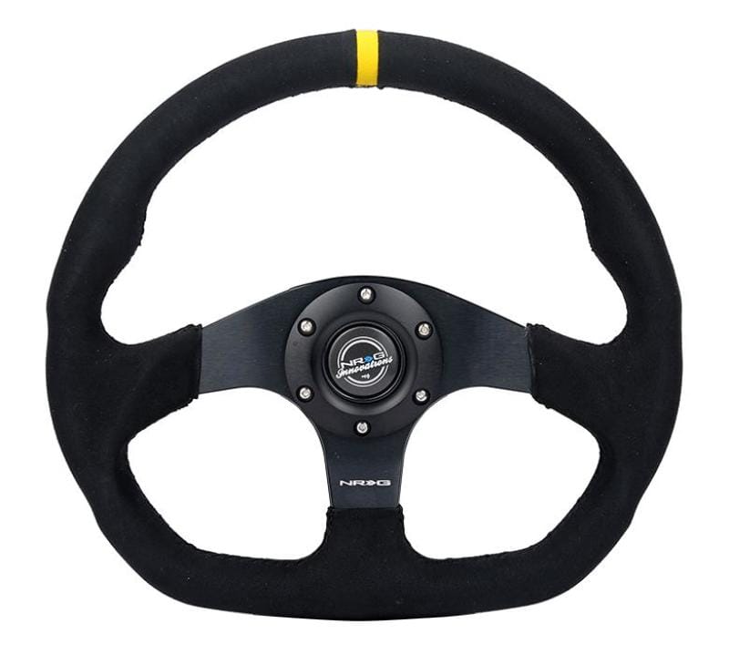 NRG — NRG Reinforced Steering Wheel (320mm) Sport Alcantara Dual Push Buttons Flat Bottom w/Yellow Center