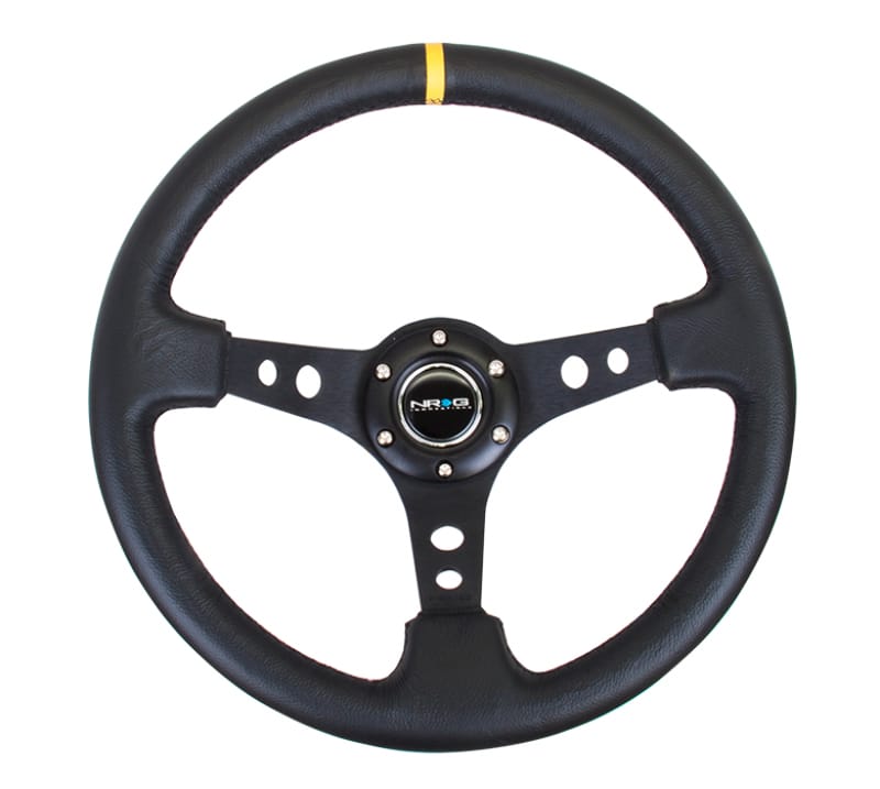 NRG — NRG Reinforced Steering Wheel (350mm / 3in. Deep) Blk Leather w/Blk Cutout Spoke/Yellow Center Mark