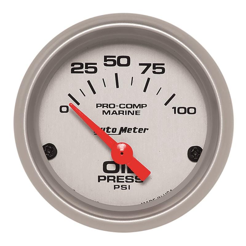 AutoMeter — Autometer Marine Silver Ultra-Lite 2-1/16in 100PSI Electric Oil Pressure Gauge
GA 2" OILP 100 E MS