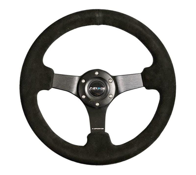 NRG — NRG Reinforced Steering Wheel (330mm / 3in Deep) Blk Suede w/Criss Cross Stitch w/Blk 3-Spoke Center