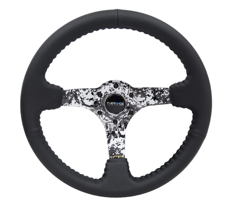 NRG — NRG Reinforced Steering Wheel (350mm / 3in. Deep) Blk Leather w/Hydrodipped Digi-Camo Spokes