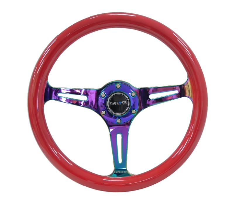 NRG — NRG Classic Wood Grain Steering Wheel (350mm) Red Grip w/Neochrome 3-Spoke Center