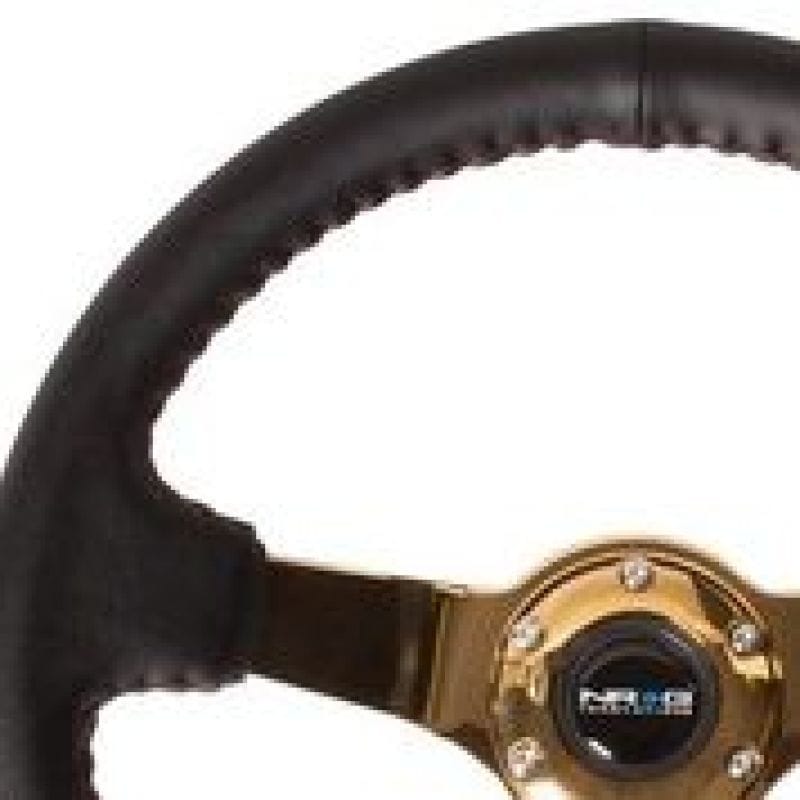 NRG — NRG Reinforced Steering Wheel (3in Deep / 4mm) 350mm Blk Leather w/Red BBall Stitch & Gold Spoke