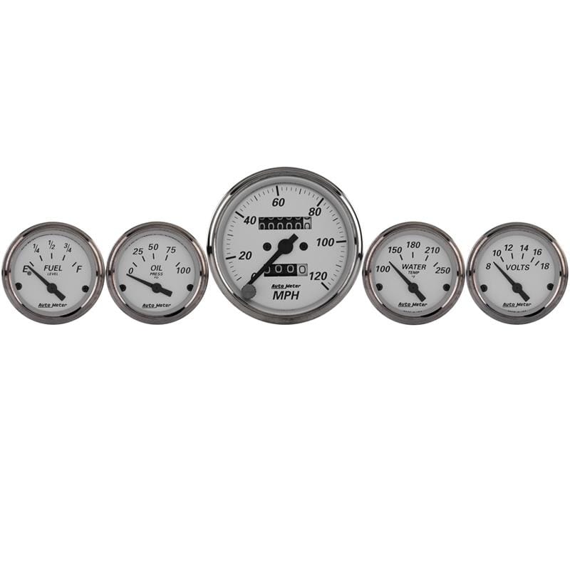 AutoMeter — Autometer Silver 5 Pc Kit Box w/ Mech. Speedo / Elec Oil Press / Water Temp / Volt / Fuel Level
GA SET 5PC M SPD AP