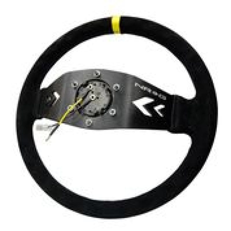 NRG — NRG Reinforced Steering Wheel (350mm / 3in. Deep) Blk Suede w/NRG Arrow Cut 2-Spoke & Yellow Mark