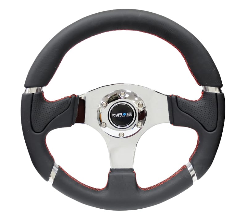NRG — NRG Reinforced Steering Wheel (320mm) Blk Leather/Red Stitching w/Chrome 3-Spoke Center