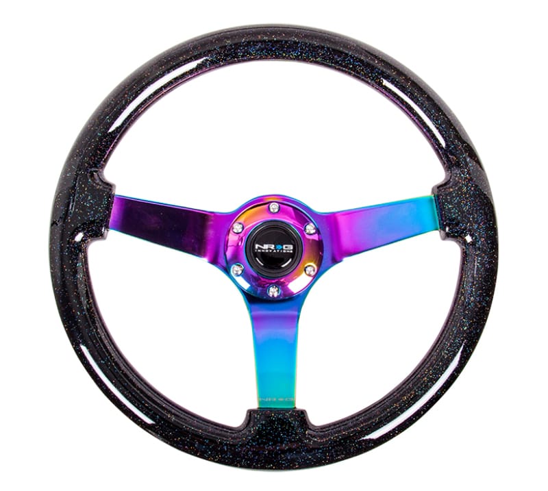 NRG — NRG Reinforced Steering Wheel (350mm / 3in. Deep) Classic Blk Sparkle w/4mm Neochrome 3-Spoke Center