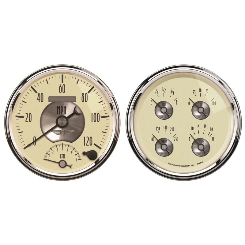 AutoMeter — AutoMeter Gauge Kit 2 Pc. Quad & Tach/Speedo 5in. Prestige Antique. Ivory
5" QUAD & TACH/SPEED