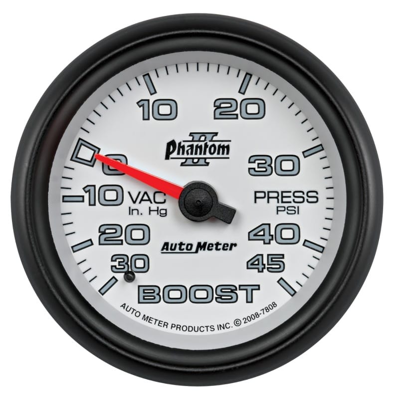AutoMeter — Autometer Phantom II 2-5/8in 30INHG-45PSI Phantom Mechanical Boost/Vacuum Gauge
2-5/8" BOOST-VAC, 30