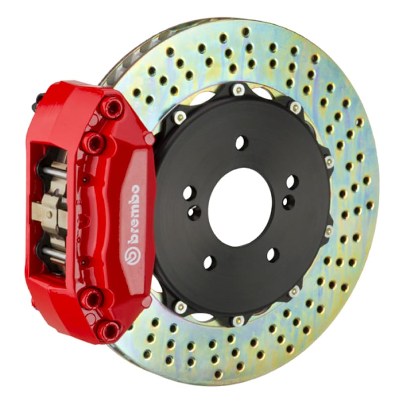 Brembo — Brembo 99-07 Lancer Evo VI/VII/VIII/IX Rear GT BBK 4 Piston Cast 2pc 328x28 2pc Rotor Drilled-Red