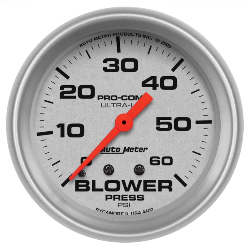 AutoMeter — Autometer Ultra-Lite 2-5/8in Blower Pressure Gauge - 60PSI / Mechanical
2-5/8" BLOWER PRESS,