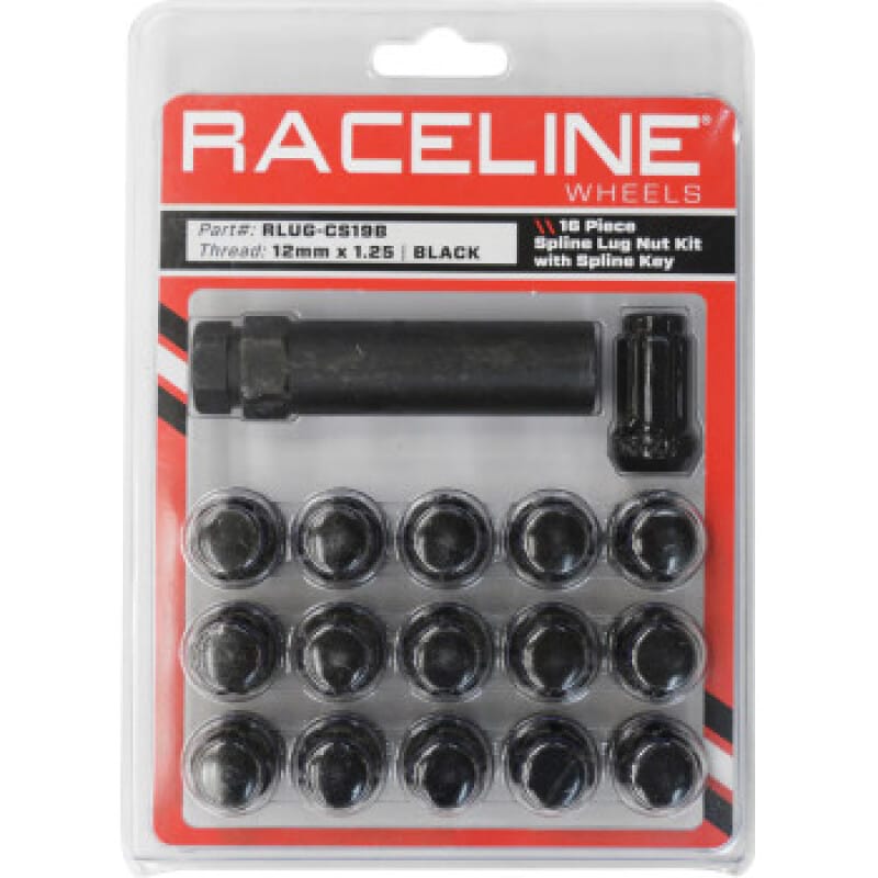 Raceline — Raceline Spline Lug Nut Kit with Spline Key 12 x 1.25 - 16 Pack - Black