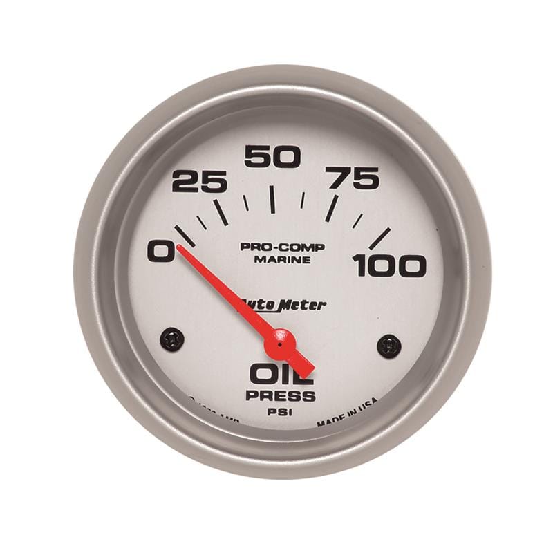 AutoMeter — Autometer Marine Silver Ultra-Lite 2-5/8in 100PSI Electric Oil Pressure Gauge
GA 2.6" OP 100 E MS