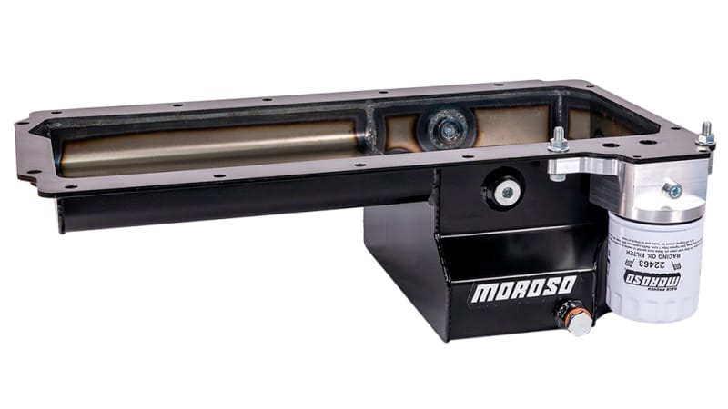 Moroso — Moroso GM LS Early F-Body (Road Race) Spin-On Filter Drain Back Rear Sump Steel Oil Pan - Black