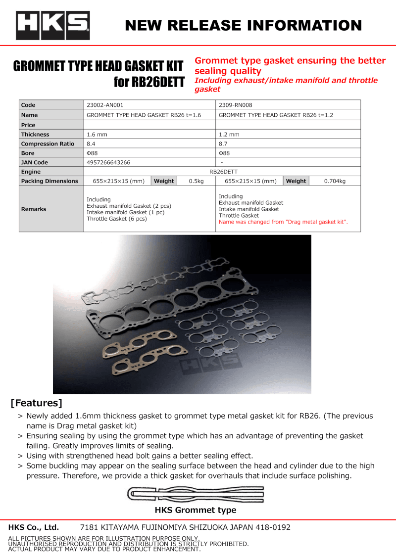 HKS — HKS RB26 88mm Bore 1.6mm Thick Grommet Type Head Gasket