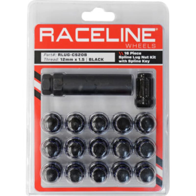 Raceline — Raceline Spline Lug Nut Kit with Spline Key 12 x 1.5 - 16 Pack - Black