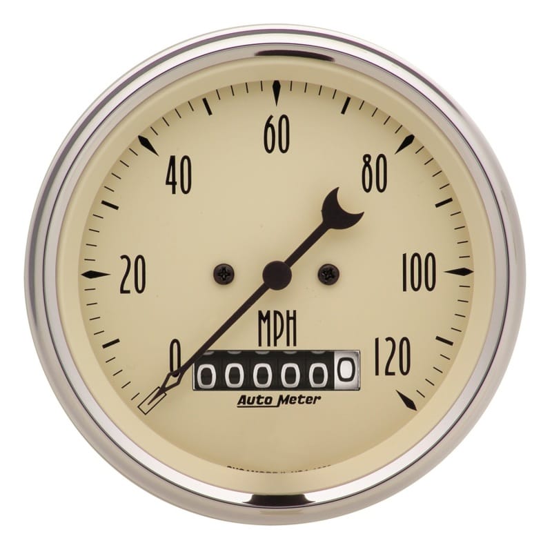 AutoMeter — Autometer 3-3/8in 120mph Antique Beige Elec. Programmable Speedometer w/ Wheel Odometer
3.4" SPD ELE WHL AB