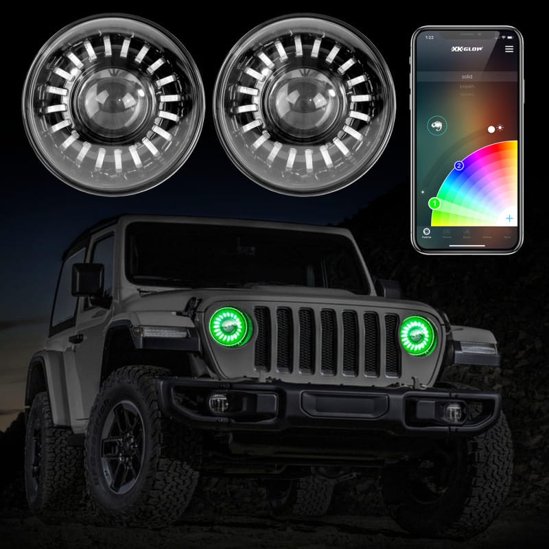 XKGLOW — XK Glow 2pc 7in App Control RGB Wrangler JL Headlight Kit w/ Mounting Brackets