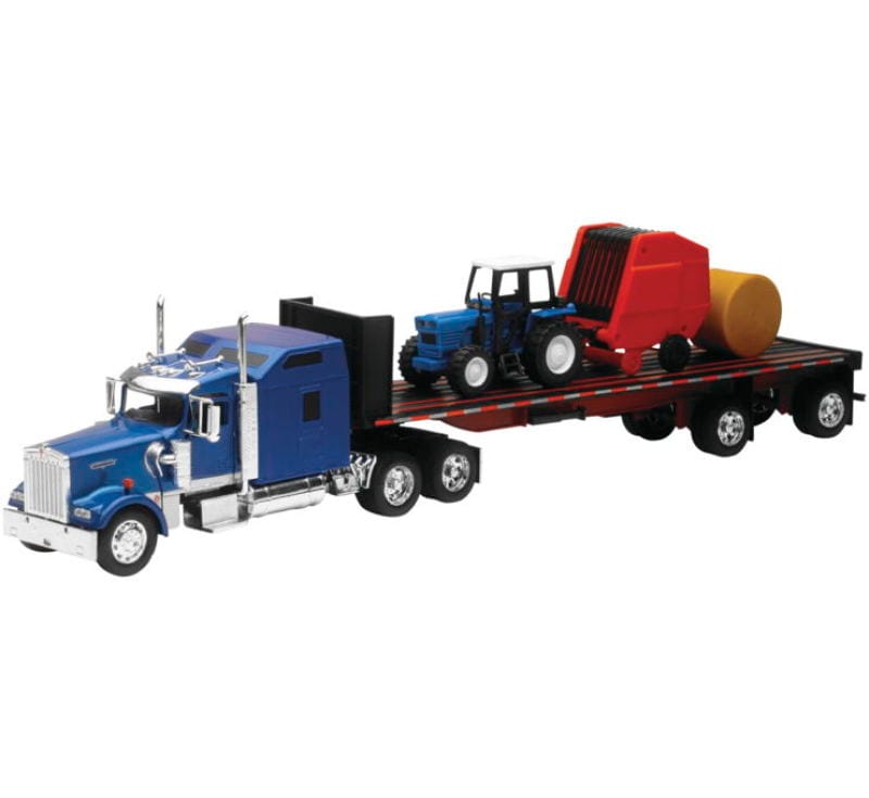 New Ray Toys — New Ray Toys Kenworth W900 with Flatbed, Tractor and Round Haybales/ Scale - 1:32
